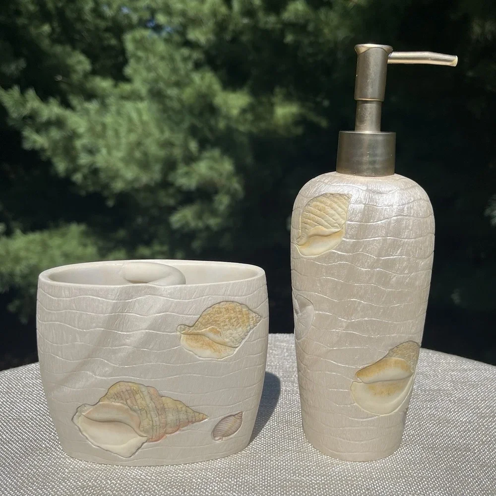 Vintage Croscill Beach Haven 4 Pc Bath Set Seashell Soap Dispenser Dish Coastal